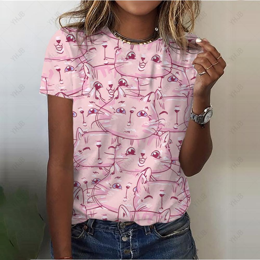 Sommer Rundhals 3D Katzenprint Top Modische Lässige Kurzarm Damen T-Shirts