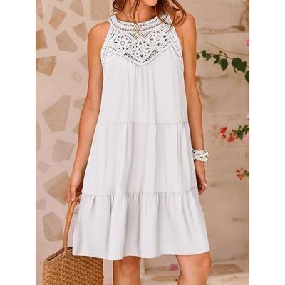 Rochie Elegantă Fără Mâneci de Vară Largă din Dantelă în A pentru Femei Casual cu Gât Rotund Rochii de Petrecere Modă Simplă Golă Dulce Rochie de Vacanță Rochie Amplă de Plajă