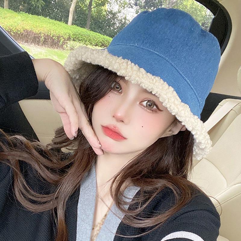 

Winter Women Faux Fur Bucket Hat Outdoor Warm Lamb Black Solid Fluffy Fishing Cap