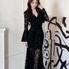 Elegant Lace Bell Sleeve V-Neck Dress for Women - Sexy French-inspired, Spring/Autumn, Figure-Flattering, Tight-Fit, Hip-Hugging Long Dress