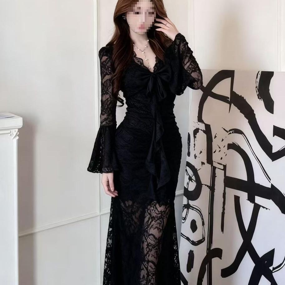 Elegant Lace Bell Sleeve V-Neck Dress for Women - Sexy French-inspired, Spring/Autumn, Figure-Flattering, Tight-Fit, Hip-Hugging Long Dress