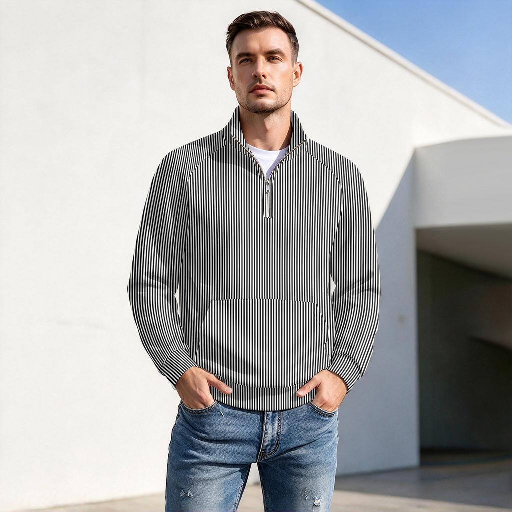 Herren Pullover mit vertikalem Streifenprint, Reißverschluss und Stehkragen, Lässiges Falten- Sportoberteil für Herbst Winter