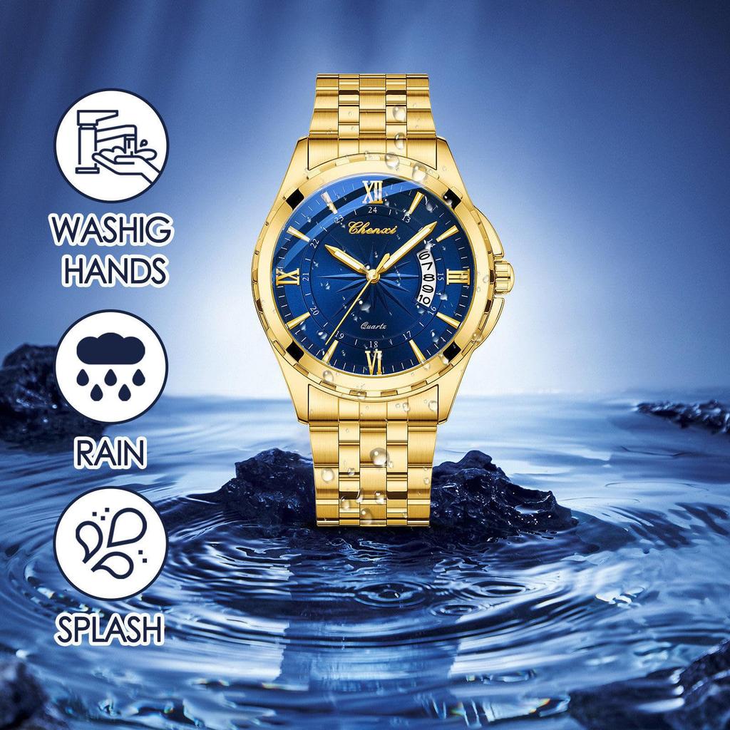 Watch Men Stainless Steel Calendar Gold 3ATM Water Resistant Luminous Analog Display Simple Fashion Quartz Watch Men Fashion Accessory - Birthday