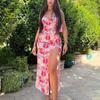 Women Spring Sleeveless Floral Print V-neck Suspender Dress Summer Casual Slim Ankle-Length Backless High Waist Slit Dresses