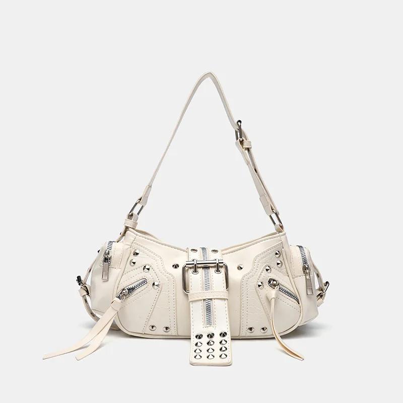 Market-6 Dames Punk Vintage Schoudertas PU Leer Gotische Klinknagel Handtas Taille Tas Luxe Zwarte Crossbody Tassen met Prikkels beige