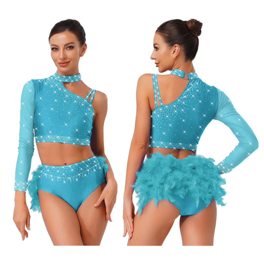 2-Piece Latin Dancewear Set for Womens - Sparkly Rhinestone One Shoulder Crop Top and Feather Back Briefs for Chacha Tango Belly Dance