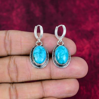 Boucles d'oreilles en pierres précieuses turquoises bleues faites à la main, boucles d'oreilles en argent sterling massif 925, bijoux anciens, pour cadeau de fiançailles