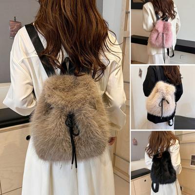 Plyšový batoh Umělá kožešina Nadýchaný denní batoh Stahovací uzávěr Neformální chlupatý batoh do školy, na dojíždění, pro každodenní pochůzky, cestování