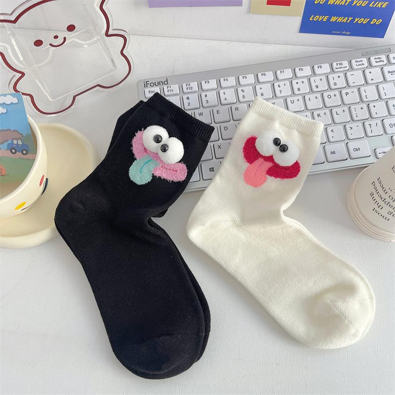3 Pairs Women's Spring Summer New Cotton Socks Cute Cartoon Ugly Cute Little Eyes MidTube Pile Pile Socks Sweet Style Kawaii