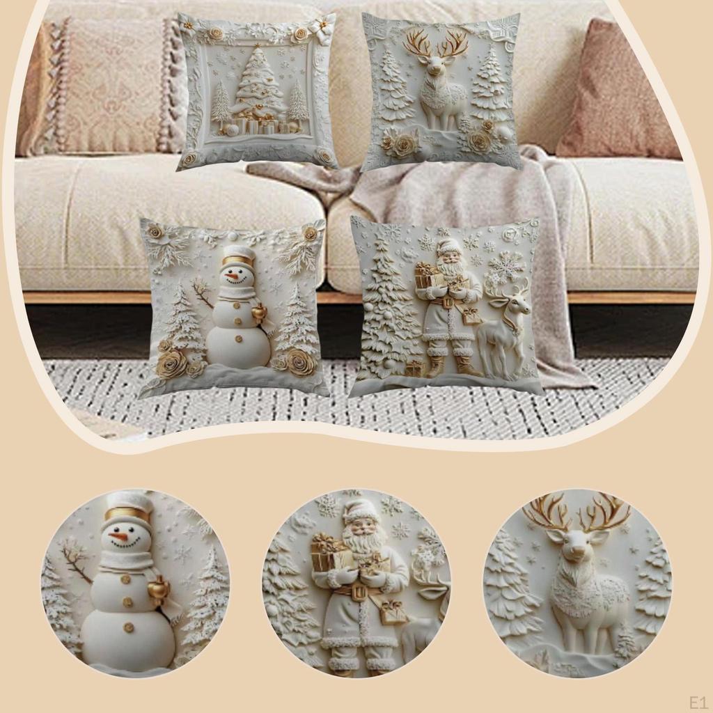 4Pcs Christmas Pillow Covers Cushion White Zippered Cases Xmas Decoration for Home