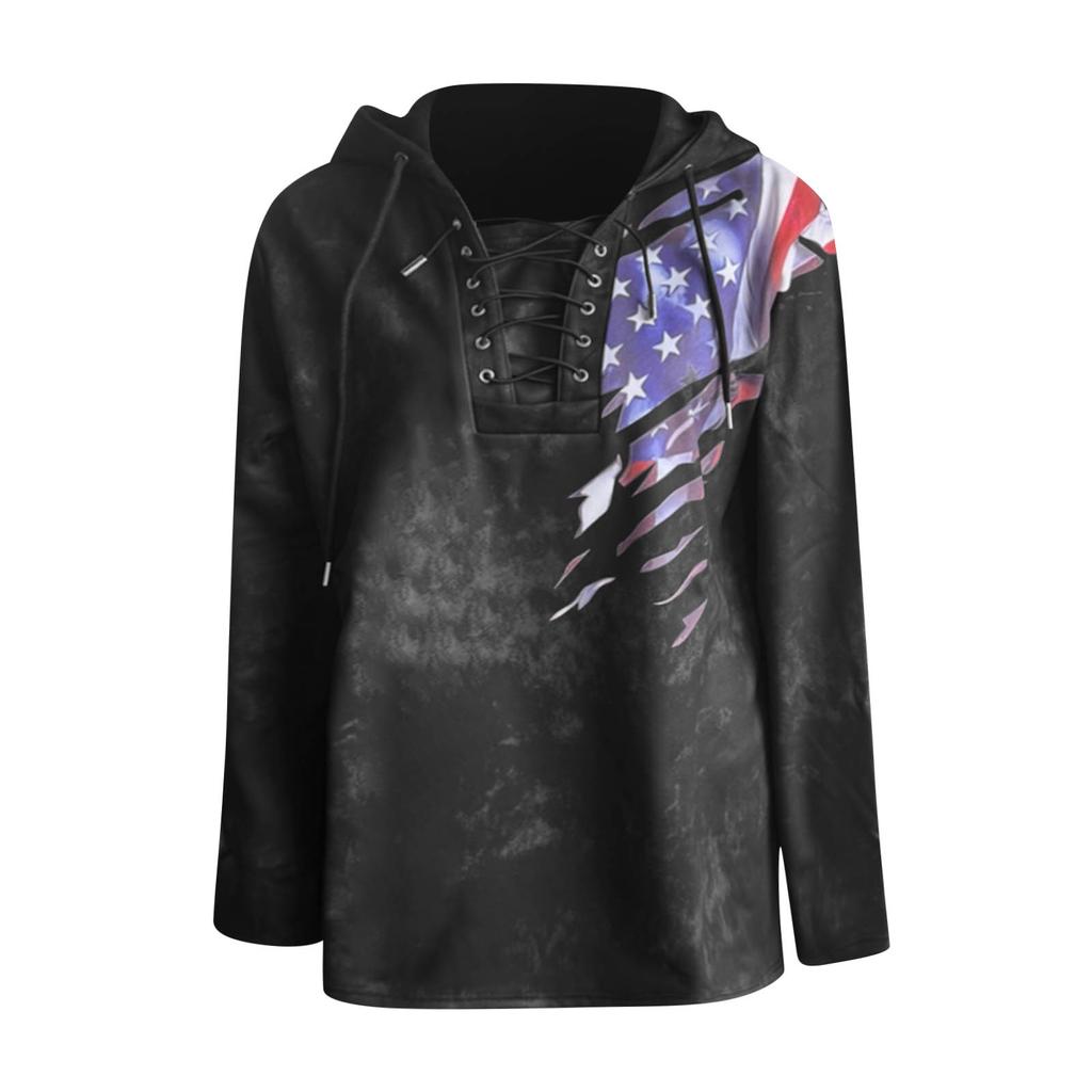 Men's Retro American Flag Print Lace-Up Casual Sports Hooded Long-Sleeved Sweatshirt