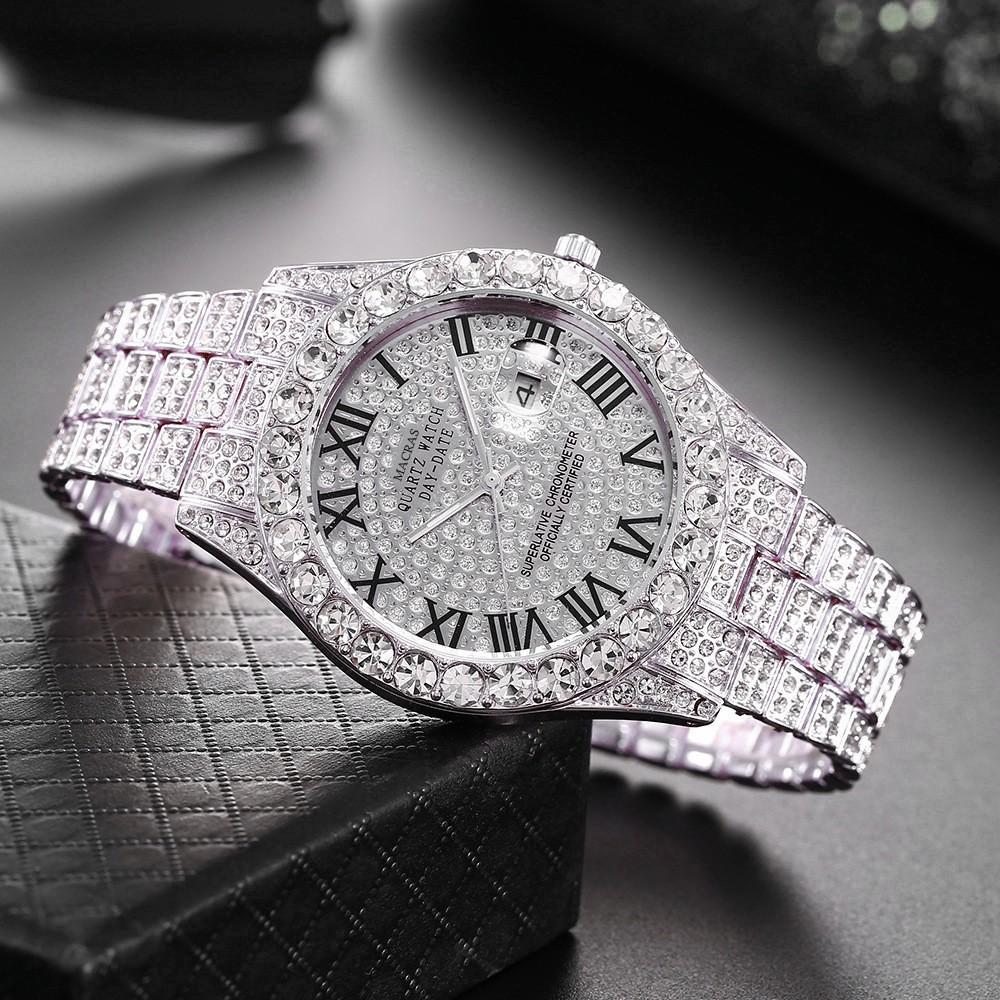 Full Diamond Roman Scale Steel Belt Watch, Men s Calendar Quartz Watch, Gypsy Men s Watch