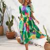 QICED Damenmode Sommer Frühling Blumendruck Kurzarm V-Ausschnitt Hohe Taille Freizeitkleider