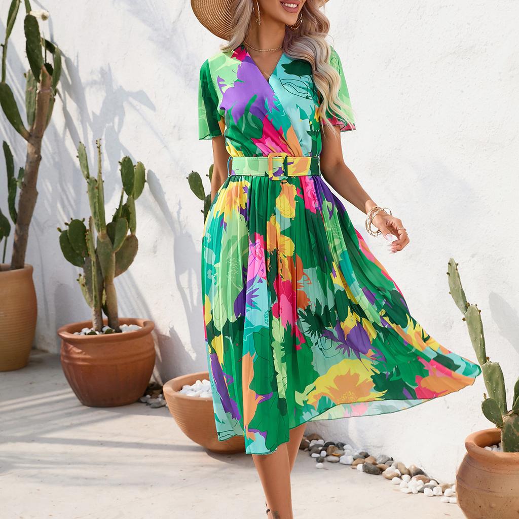 QICED Damenmode Sommer Frühling Blumendruck Kurzarm V-Ausschnitt Hohe Taille Freizeitkleider