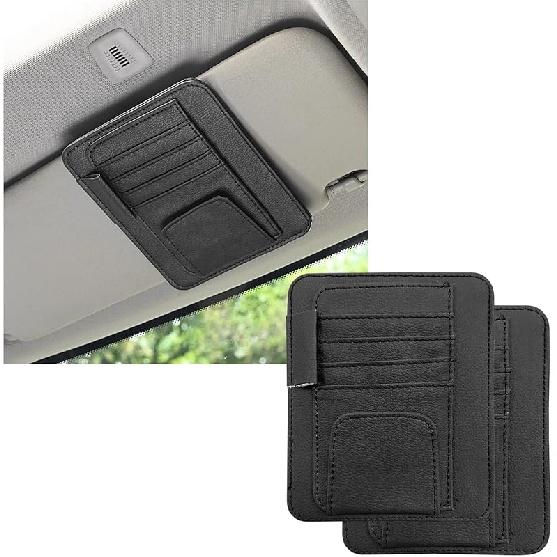 2PCS Small Leather Car Sun Visor Organizer, Multifunctional Auto Visor Document Holder With Sunglasses Clip, Universal Car Interior Organizer For