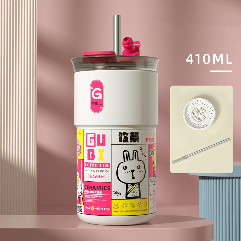 2025 New Fashion Thermal Water Bottle Ceramic Coffee Insulated Cup Portable In Car Dual Drinking Straw Cold Cup Thermal