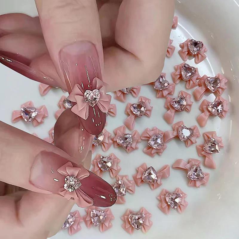 10 stuks 3D Hars Strikjes Nagelbedels met Roze Lint Strik Strass, Sieraden Onderdelen voor Manicure Decoratie DIY Salon Accessoire Cadeau