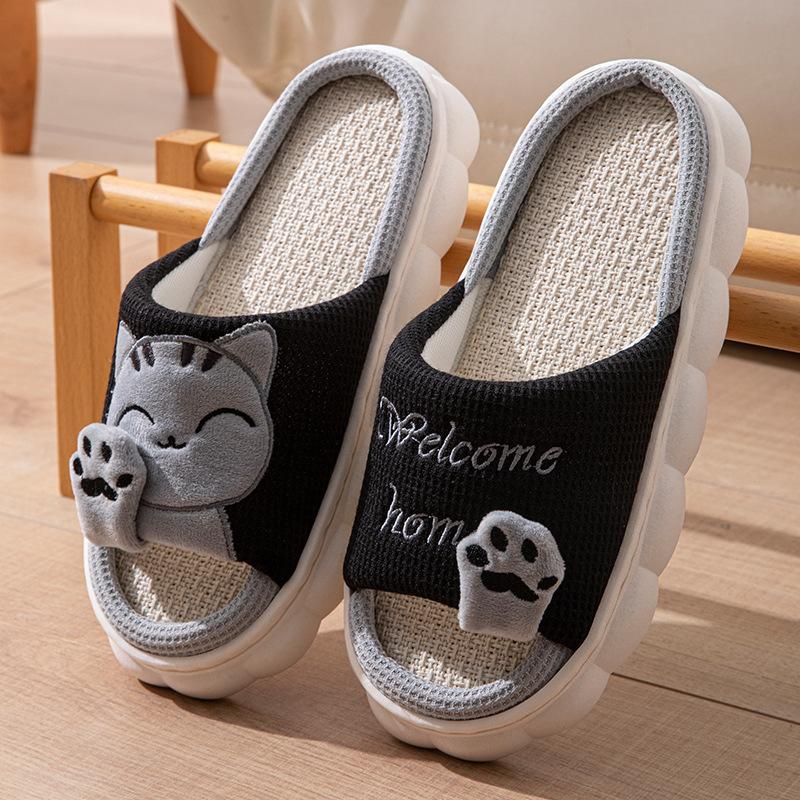 Linen Casual Slippers Women House Platform Cute Cartoon Cat Designer Shoes Girls Flat Elegant Footwear Indoor Large Size