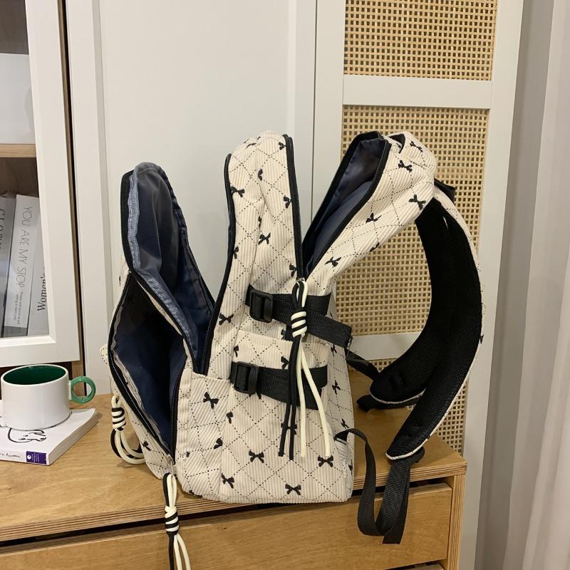 Bow Print Corduroy Backpack Casual Fashion Daily Bag Large Capacity School Bag for Students Minimalist Design Commute Travel with Tassel Accents
