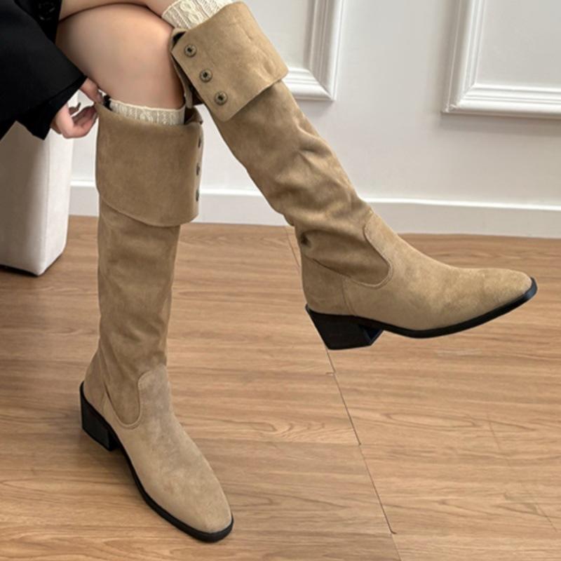 

Версия из мягкой кожи~ ботфорты до колена на толстой подошве женские в стиле ретро британском стиле на толстом каблуке с напуском ковбойские ботинки рыцарские ботинки 39