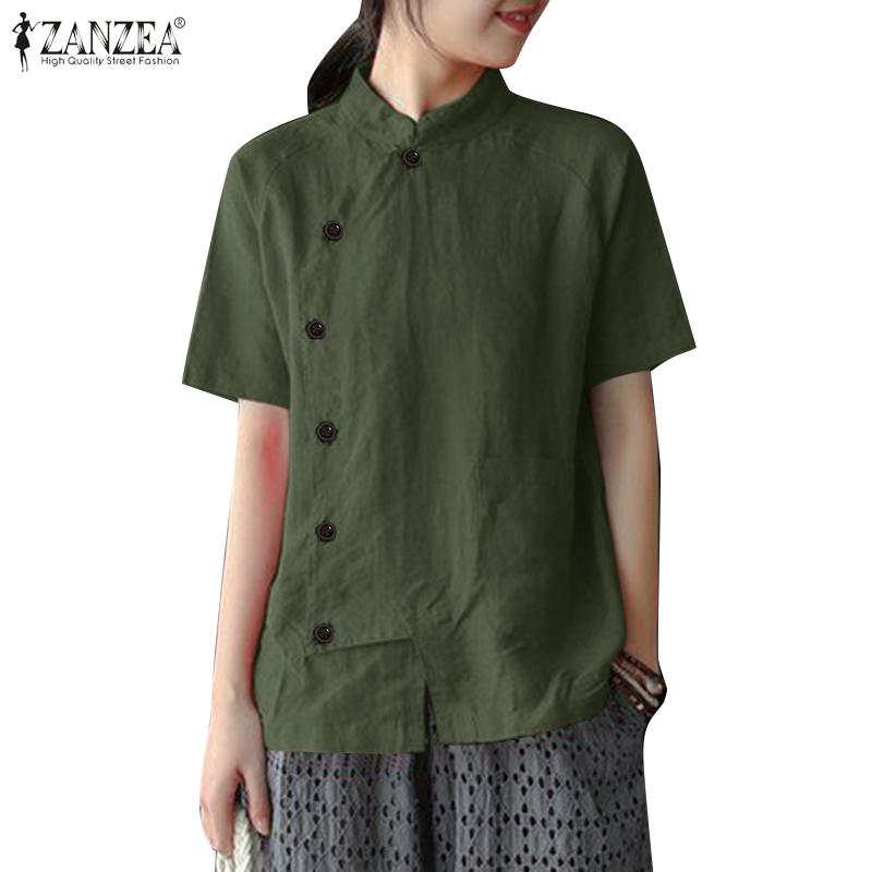 

ZANZEA Женская повседневная летняя блузка с воротником-стойкой и коротким рукавом