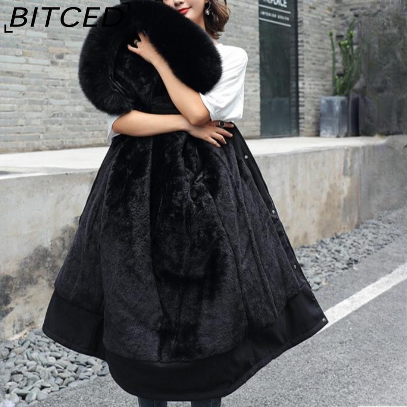 BITCED Winter Women's Mid-Length Cotton Coat with Large Fur Collar and Fleece Lining