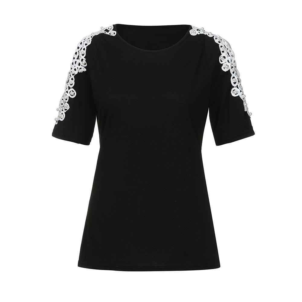 Trendy Women Short Sleeve Off Shoulder Lace Splice Blouse With Comfortable Fit