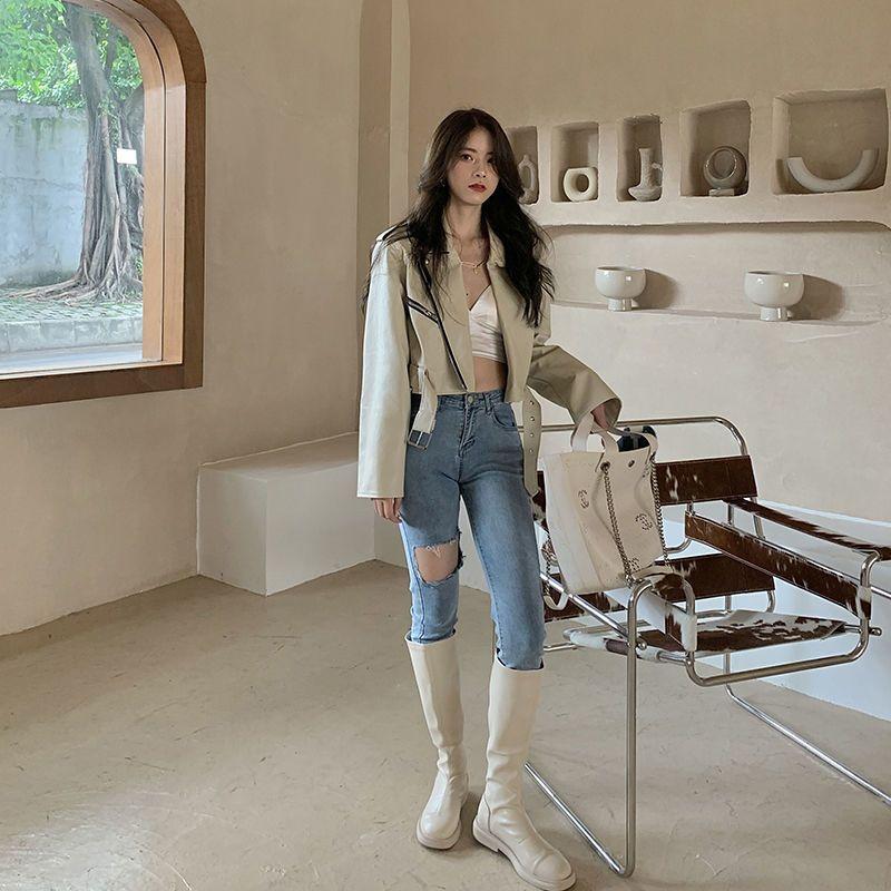 Flat Bottom Black White Elastic Boots Internet Celebrity Thin Boots Knee Boots High Boots Women's 2021 Autumn and Winter New