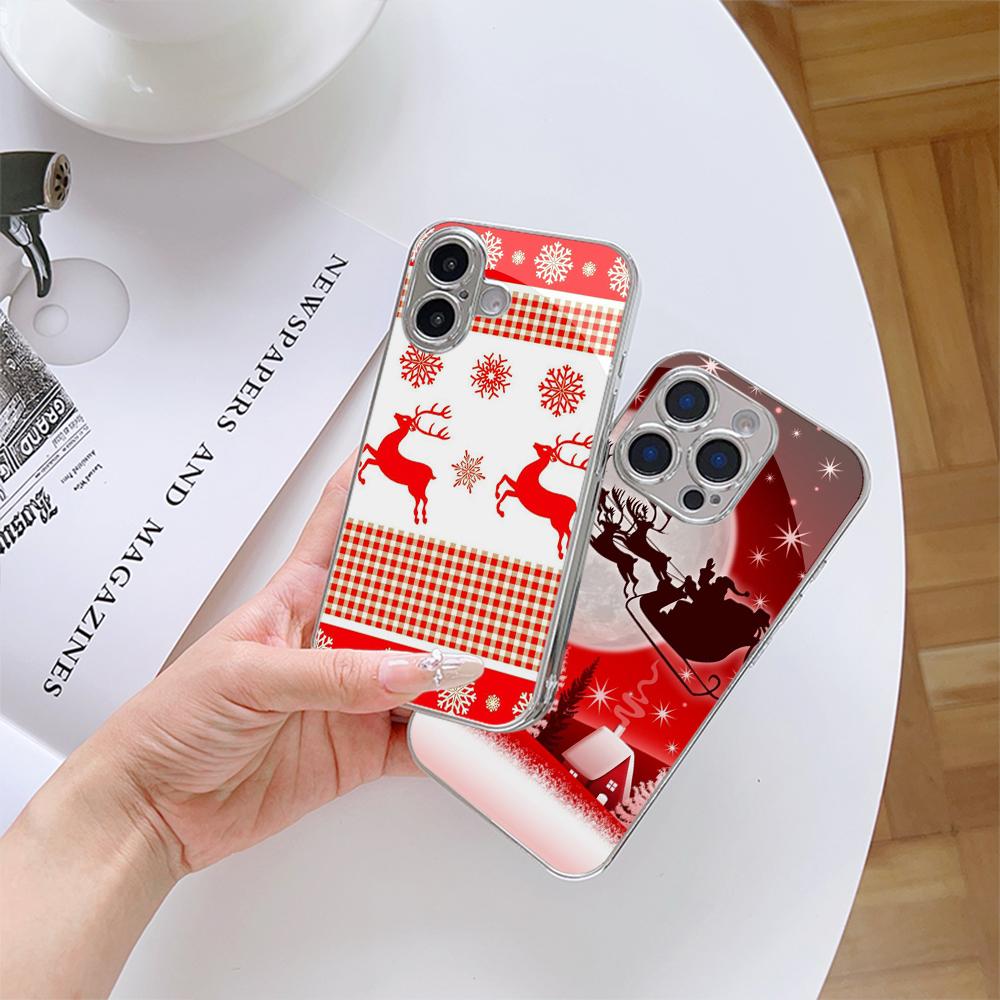 Ae112 Merry Christmas Art Electroplated Glass Phone Cases for Samsung S24 FE S25 Ultra iPhone 16 Pro Xiaomi Redmi OPPO Lens Full Protection Back Cover