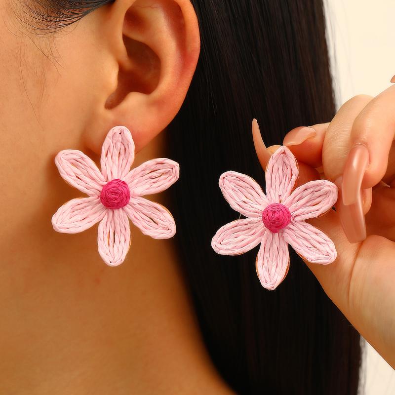Summer Flower Starfish Dangle Earrings Women Handmade Raffia Dopamine Vacation Style Exaggerated Boho Beach Accessories