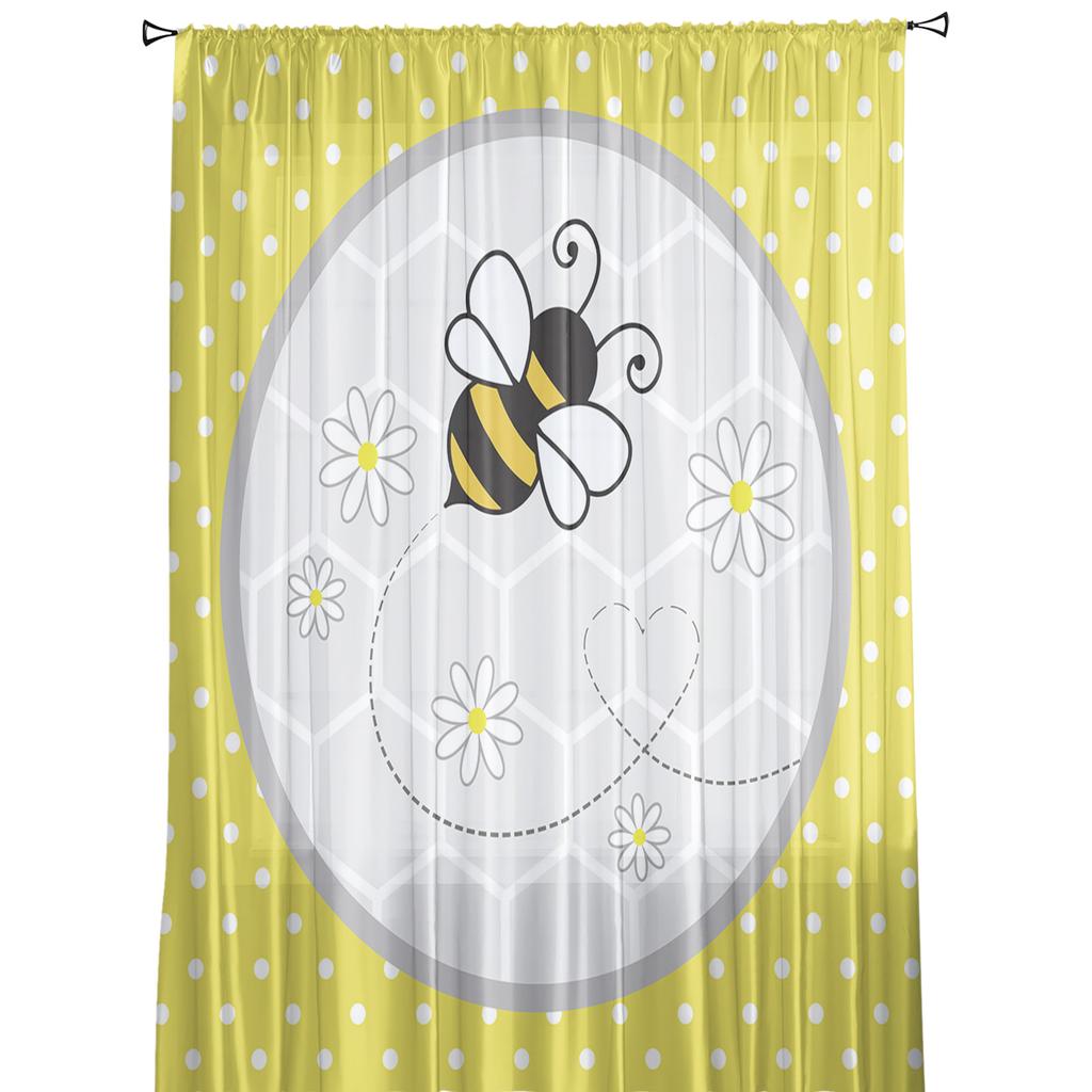 Yellow Polka Dot Background Bee Daisy Hive Sheer Curtains for Living Room Modern Bedroom Voile Tulle Curtain Window Drapes