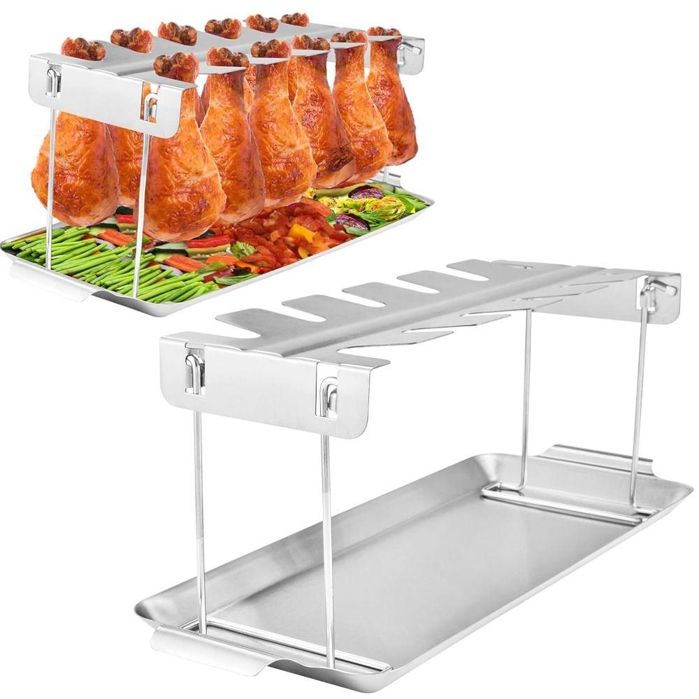 With Drip Tray Chicken Leg Rack Folding Chicken Leg Wing Grill Rack  Barbecue Accessories