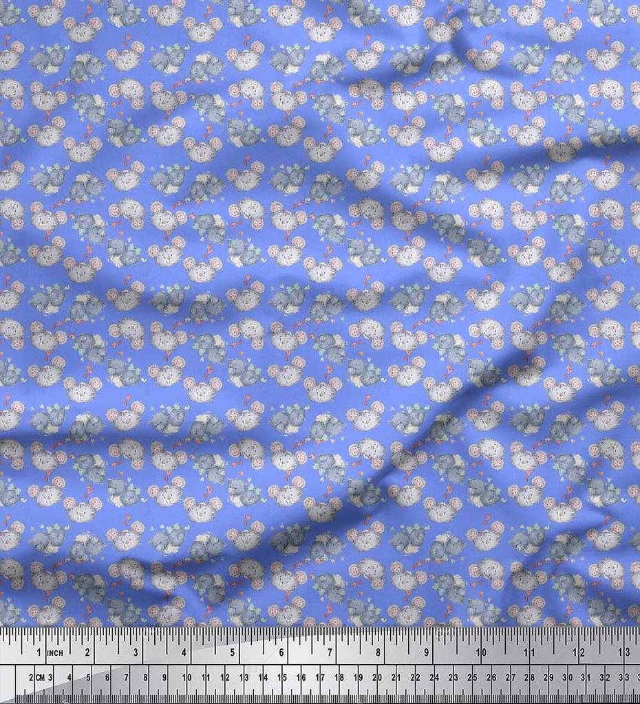 Soimoi Blue Japan Crepe Satin Fabric Heart & Teddy Bear Face Print Fabric by metre 42 Inch