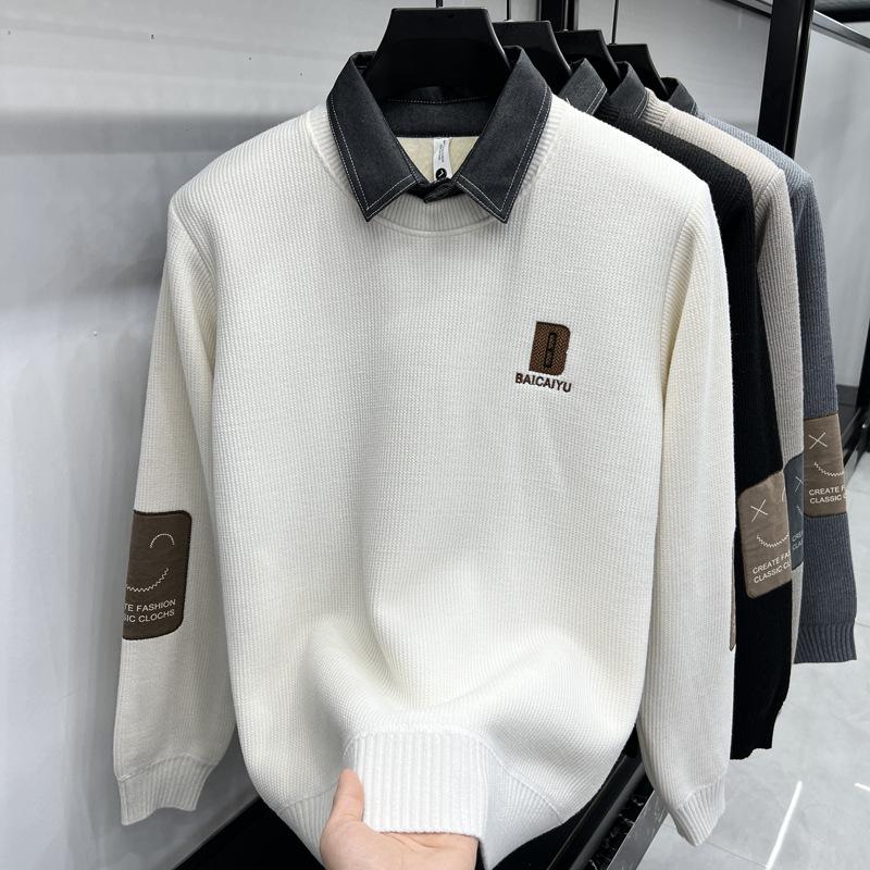 Autumn And Winter Trendy Brand Fake Two-Piece Shirt Collar Long-Sleeved Sweater Knitted Sweater Warm Casual Fashion Men
