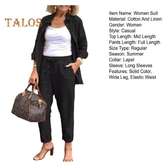 2 Pièces/ensemble Femmes Chemise Pantalon Ensemble Lâche Revers Simple Boutonnage Mi-long Manches Longues Chemisier Taille Haute Élastique Pantalon à Jambes Larges Vêtements Quotidiens