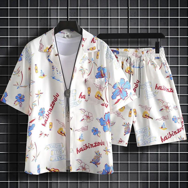 Shirts Man Sets Beach White Outfits 2 Piece Outfit Korean Two Set T-shirts Shorts Suits For Men Chic Stretch Loose Cool Shirts