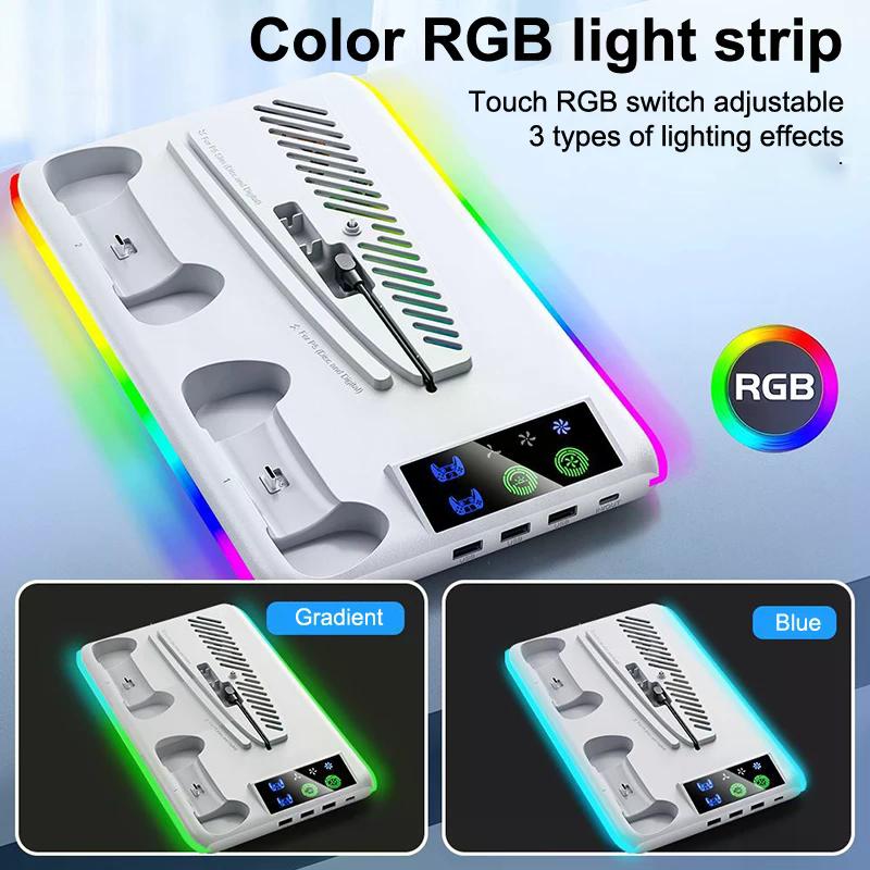 For PS5 Slim/PS5 Stand Cooling Holder & Controller Charging Station With Headphone Hook RGB Light 3 Levels Cooling Fan For PS5