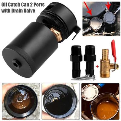 Universal Racing Baffled 2 Port Fuel Oil Catch Can Tank Air Oil Separator Black with Drain Valve
