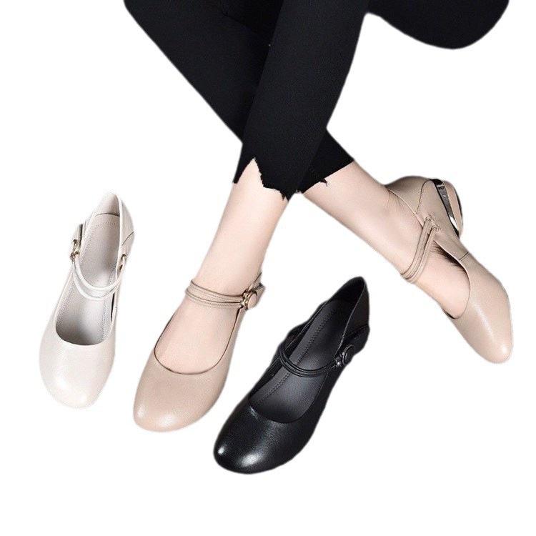 Popular single shoes women's 2025 spring new shallow mouth flat bottom low heel round head small leather shoes soft leather soft sole work shoes women