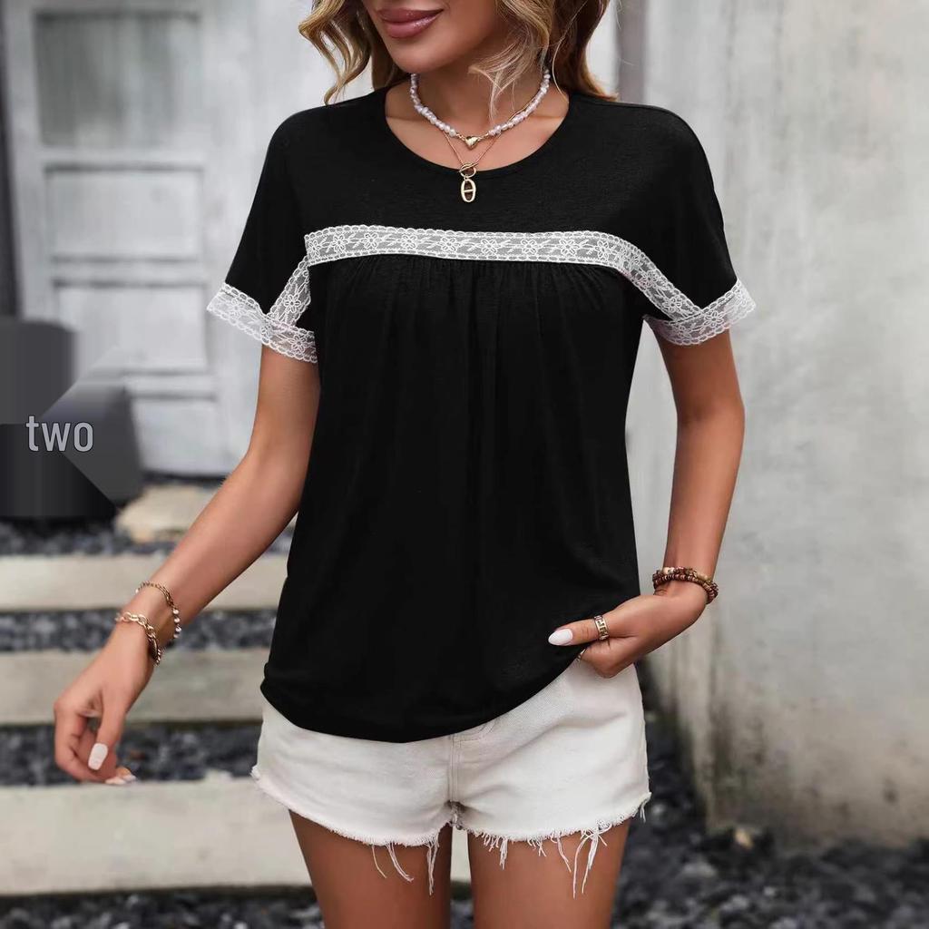 Spring/Summer 2026 Women's Round Neck Lace Patchwork Short Sleeve T-shirt