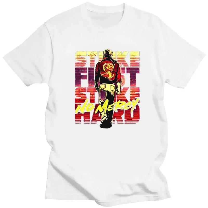 Vintage Cobra Kai T Shirt Men Tshirt Unique Tee Short Sleeved Karate Kid Strike First Strike Hard No Mercy Tops Ropa Hombre