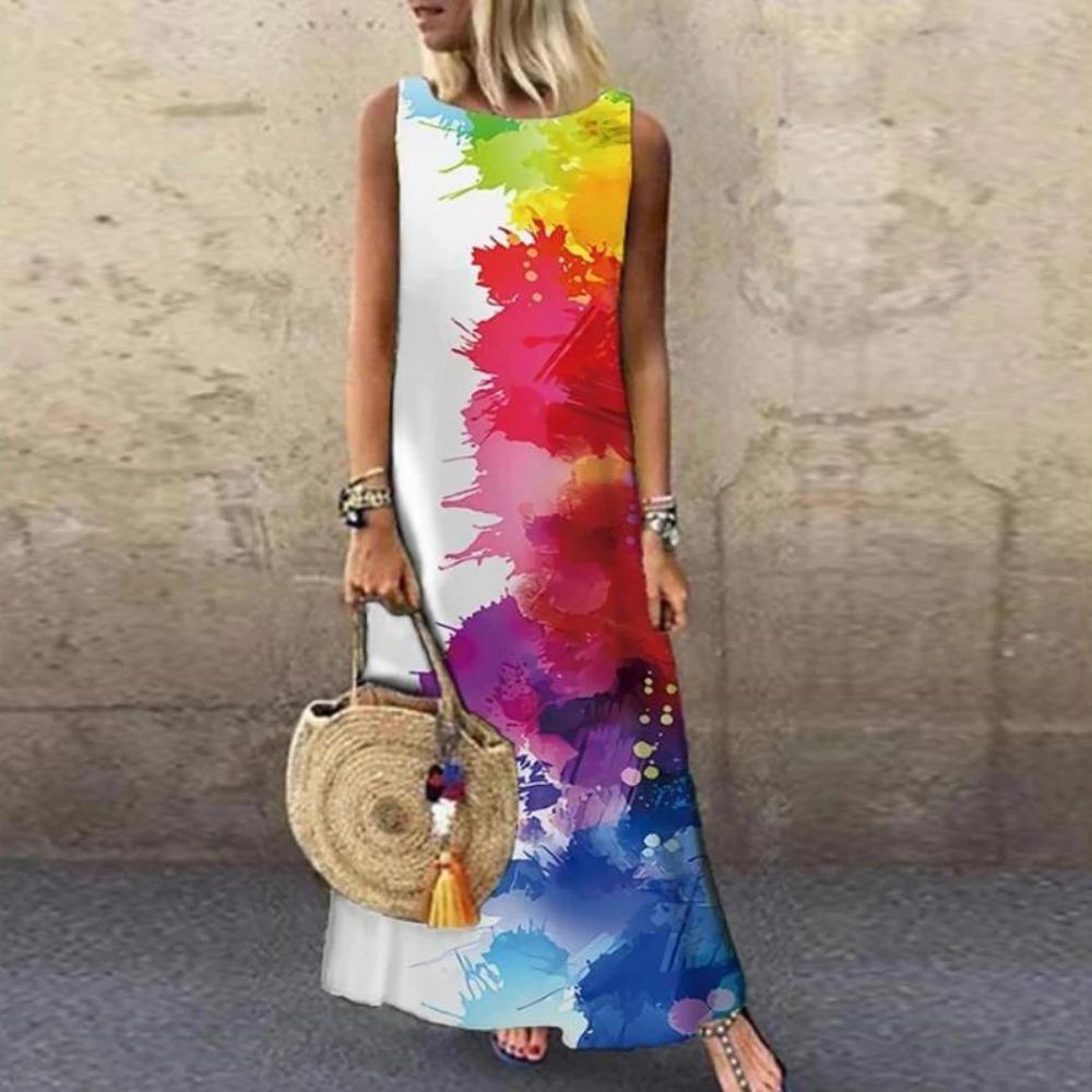 Ärmelloses Damenkleid mit Aufdruck, Rundhalsausschnitt, Gerader lockerer Schnitt, Modisch, Elegant für den Arbeitsweg, Lang, Lässig, Frühling, Sommer, Neu