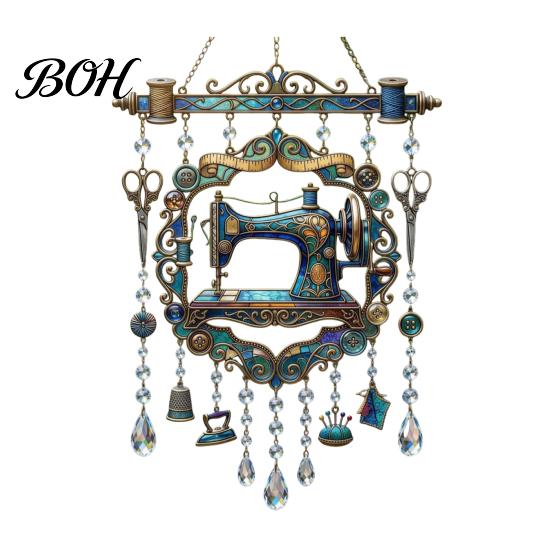 Gift for Tailors And Patchwork Lovers Vintage Sewing Machine Crystal Wind Chime, Acrylic Outdoor Hanging Suncatcher, Indoor Ornament Colorful Pendants