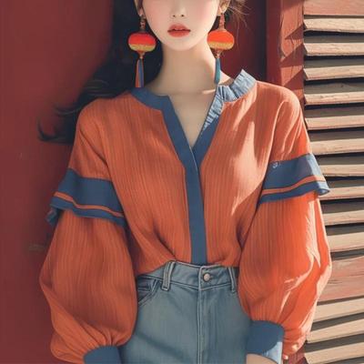 Blusas de Satén Vintage para Mujer Primavera/Verano Patchwork Camisas de Mujer Holgadas Moda Mangas Largas Tops Ropa Coreana