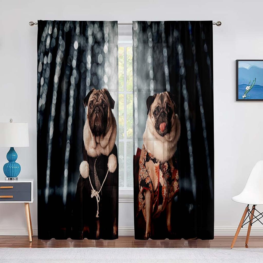 Cute Puppy Pug Dog Twins Tulle Curtains for Living Room Bedroom Home Kitchen Animals Window Sheer Voile Curtains Chiffon Drapes