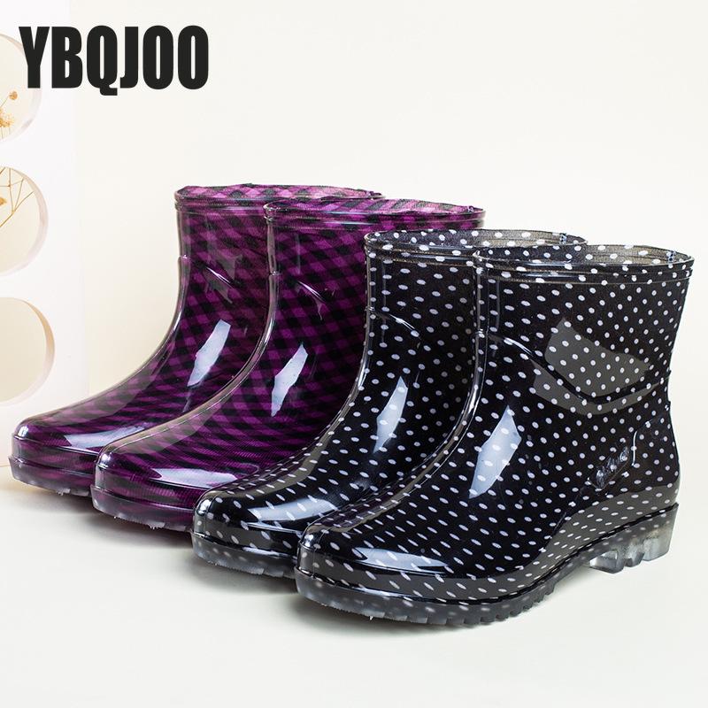Women's Versatile Rain Shoes Black Ladies Dots Waterproof Kitchen Work Rubber Shoes Non-slip Short Tube Rain Boots Summer Shoes