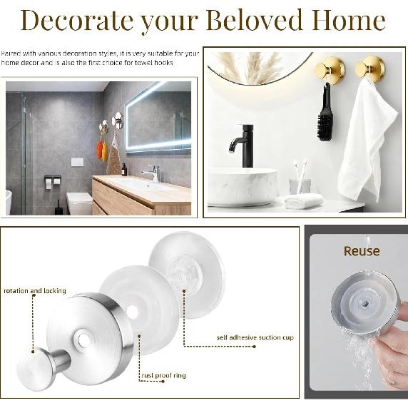 Suction Cup Hooks Removable Shower Hooks, 4Pcs Metal Towel Hooks for Bathroom Window Glass Wall Door Can Hang Various Towels Bath Towels Keycha,