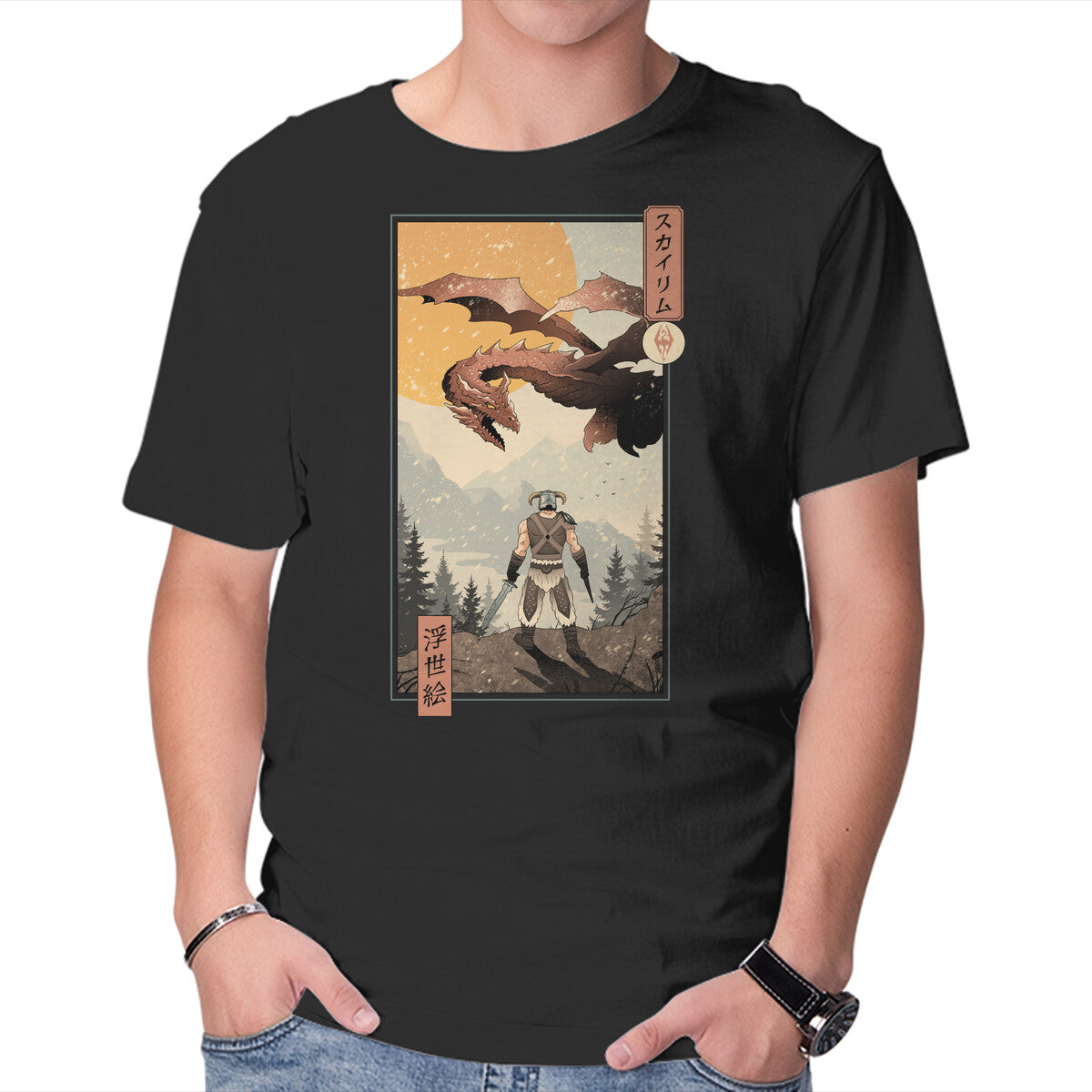 Unisex Crew Neck T-Shirt Skyrim Ukiyo-e Graphic Short Sleeve Casual Tee S