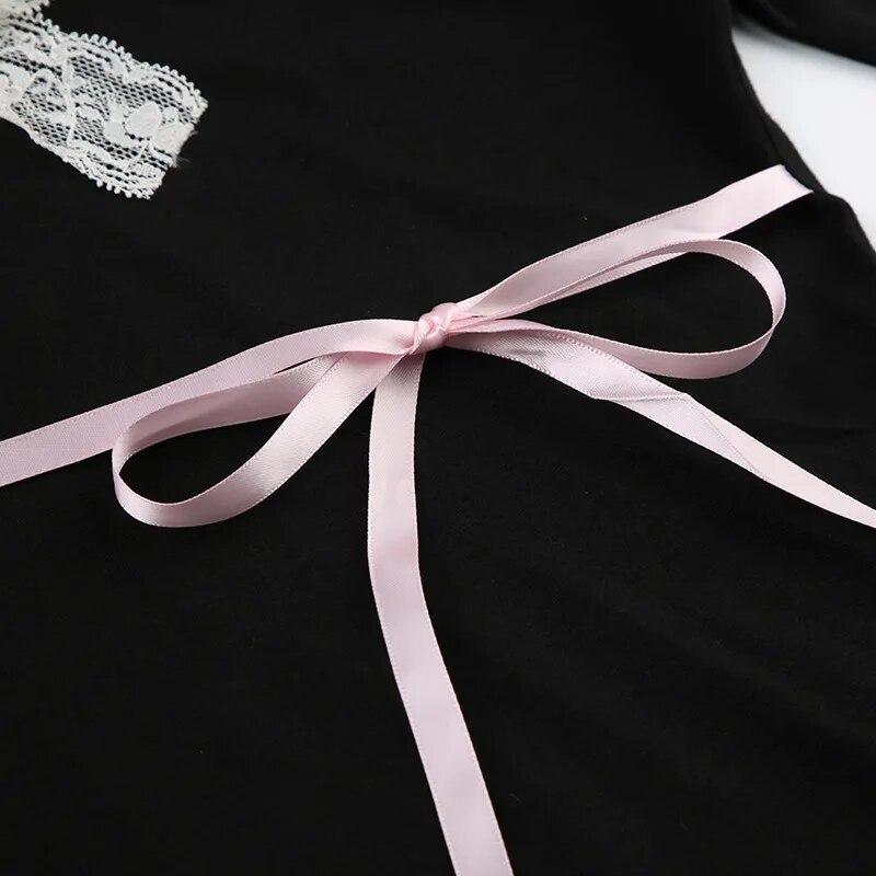 Y2K Lace Patchwork Top Contrast Color Women Autumn Spring Ribbon Lace-up Bow Coquette T-shirts Cute Causal Basics Tees