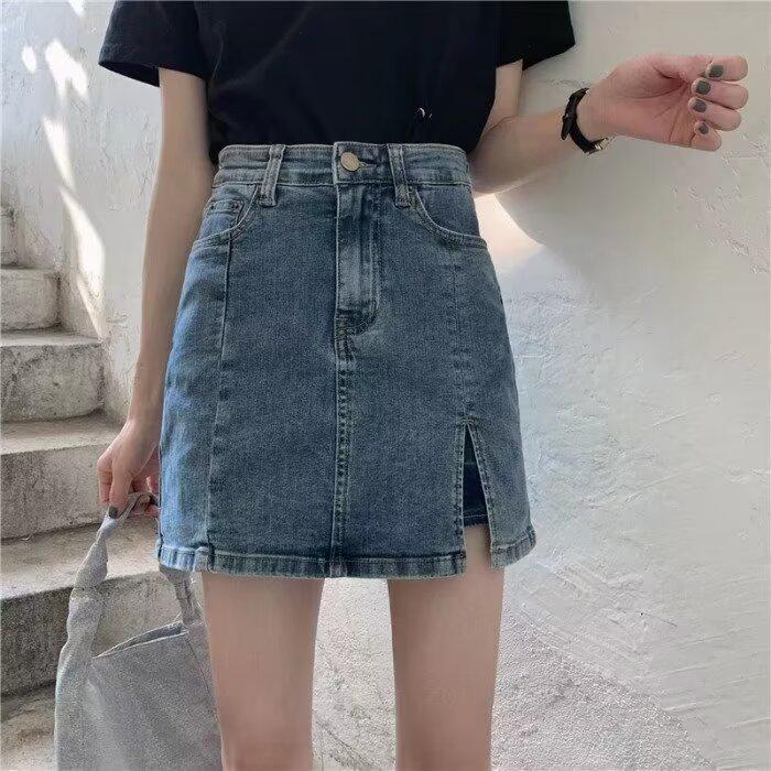 Women's Plus Size High Waist Denim Mini Skirt with Slit - Retro A-line, Slimming Summer Style